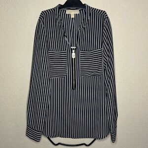 Michael Kors Black/White Striped Long Sleeve Blouse with Gold Front-half zipper